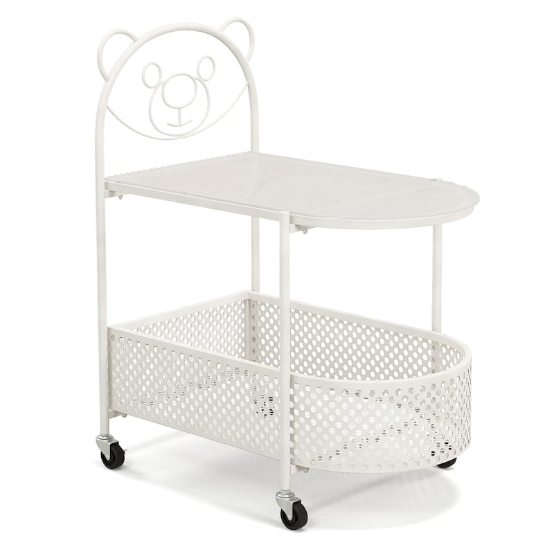 Gymax 2-Tier Mobile Glass Coffee Table w/ Bear Pattern Storage Basket