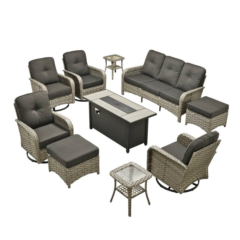 OVIOS 10-piece Patio Wicker Conversation Furniture Set with Fire Pit