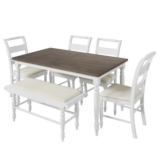 Retro 6 Piece Dining Table Set with 4 Linen Upholstered Chairs and ...