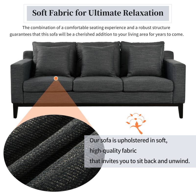 Roomfitters Comfy 3-Seat Sofa with Wooden Legs, Modern Upholstered Couch for Living Room and Study