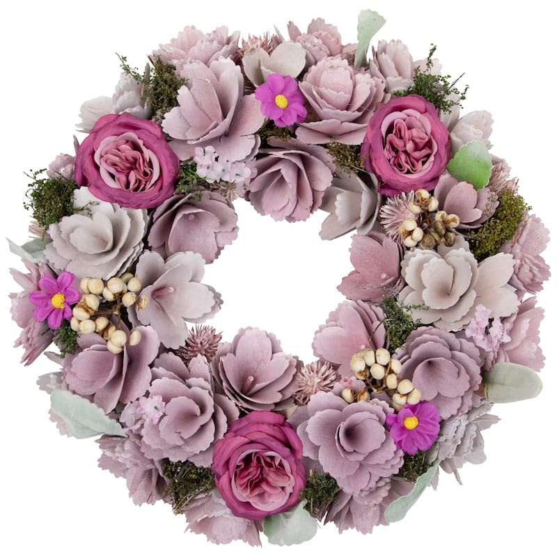 Wooden Floral Artificial Spring Wreath with Dried Foliage - 13.5" - Purple