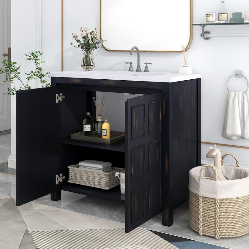 GDFStudio - Elysia Wood & Ceramic Bathroom Vanity with Sink & Storage Cabinet Organizer