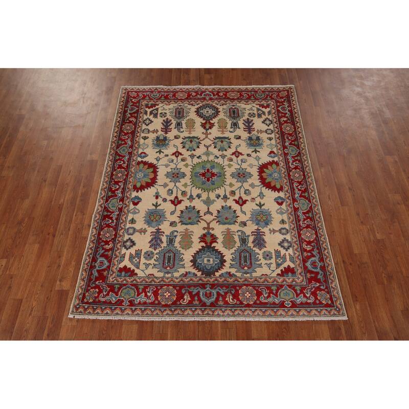 Geometric Kazak Area Rug Hand-Knotted Traditional Wool Carpet - 4'11" x 6'8"