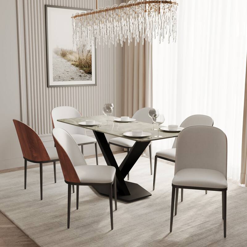 Voren 7-Piece Dining Set 55-Inch Rectangular Sintered Stone Dining Table and 6 Dining Side Chairs