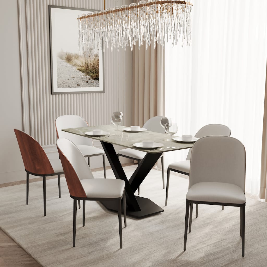 Voren 7-Piece Dining Set 55-Inch Rectangular Sintered Stone Dining Table and 6 Dining Side Chairs