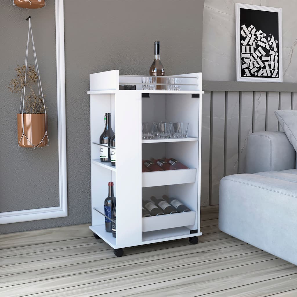 Bar Cart with Glass Door, 2-Side Shelves and Casters