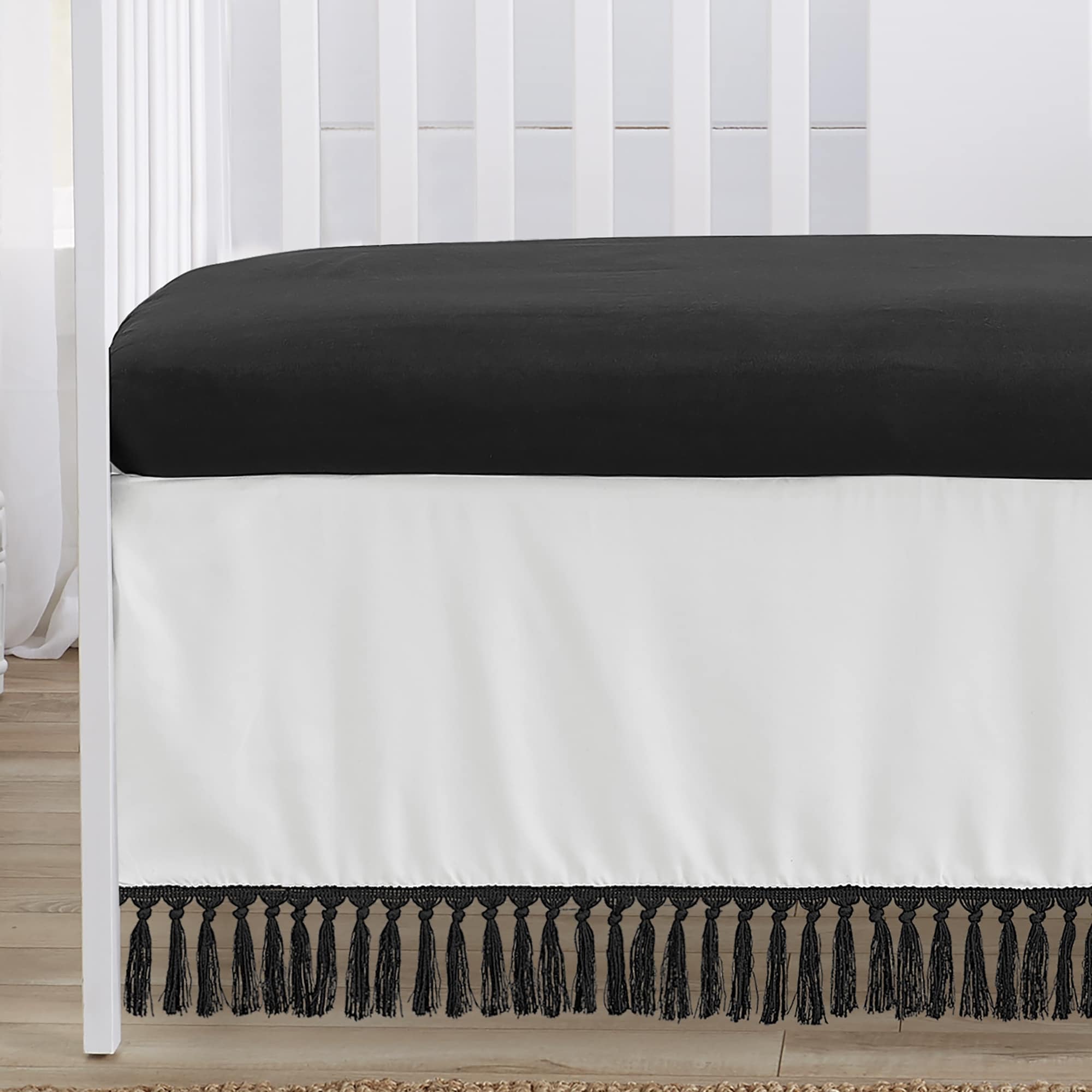 Sweet Jojo Designs Black White Boho Stitch Boy Girl Gender Neutral Unisex 4p Nursery Crib Bedding Set Farmhouse Bohemian Fringe