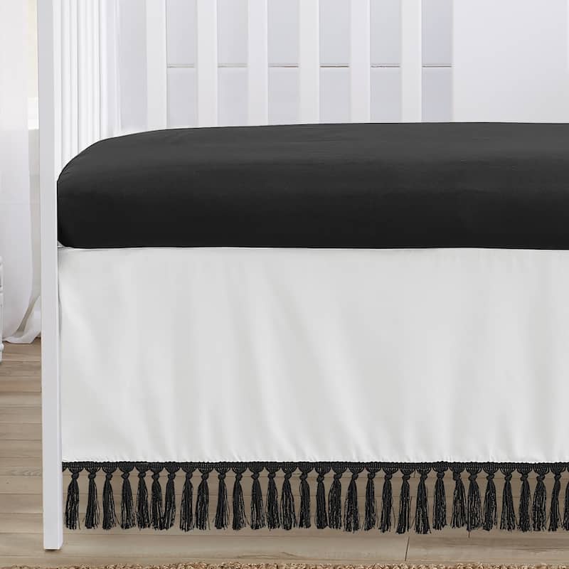 Sweet Jojo Designs Black White Boho Stitch Boy Girl Gender Neutral Unisex 4p Nursery Crib Bedding Set Farmhouse Bohemian Fringe