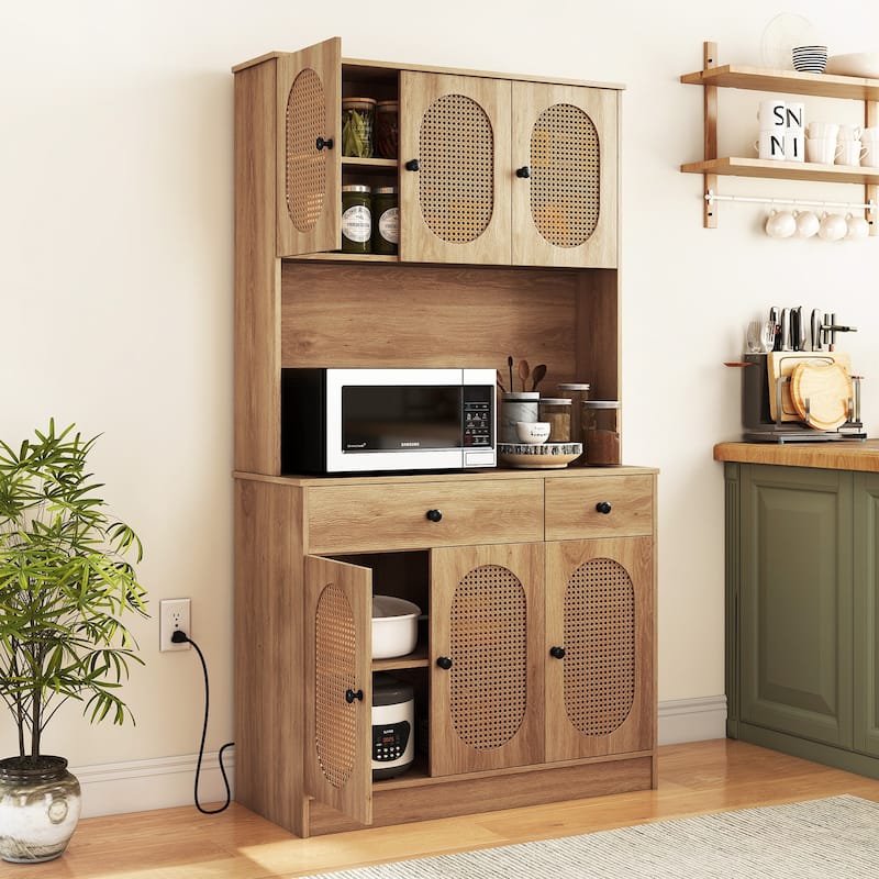 Natural Rattan Kitchen Pantry Cabinet with Hutch 71 Inch Buffet Storage Cabinet with Drawers Shelves - 39.5" × 16" × 71"