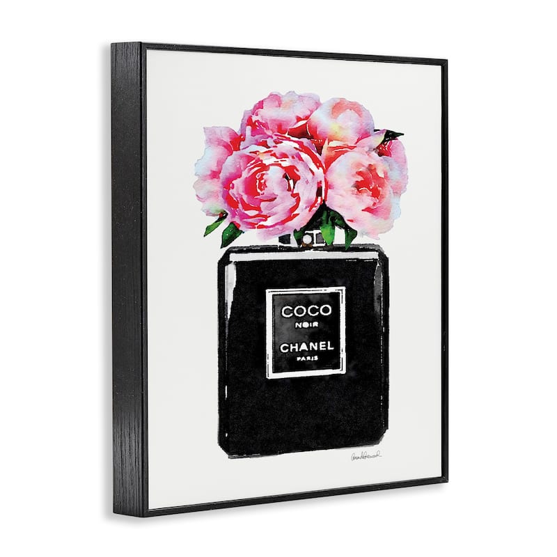 Stupell Glam Perfume Bottle Flower Black Peony Pink Framed Wall Art