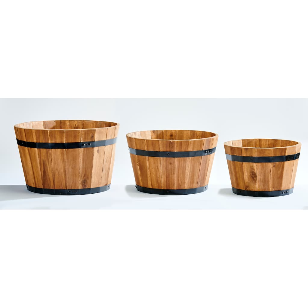 Nested Acacia Wood Barrel Planters, Light Brown, Set of 3, 11", 9.5", 8.5"