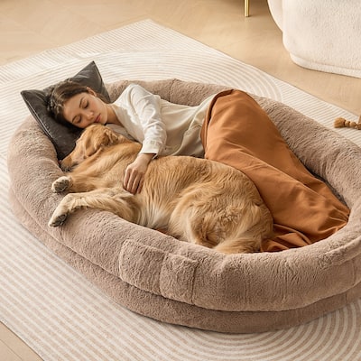 Brown Oval Shape Large Human Size Machine Washable Dog Bed with Zippered Cover Suitable for Any Room - 71.9 x 48 x 10 in