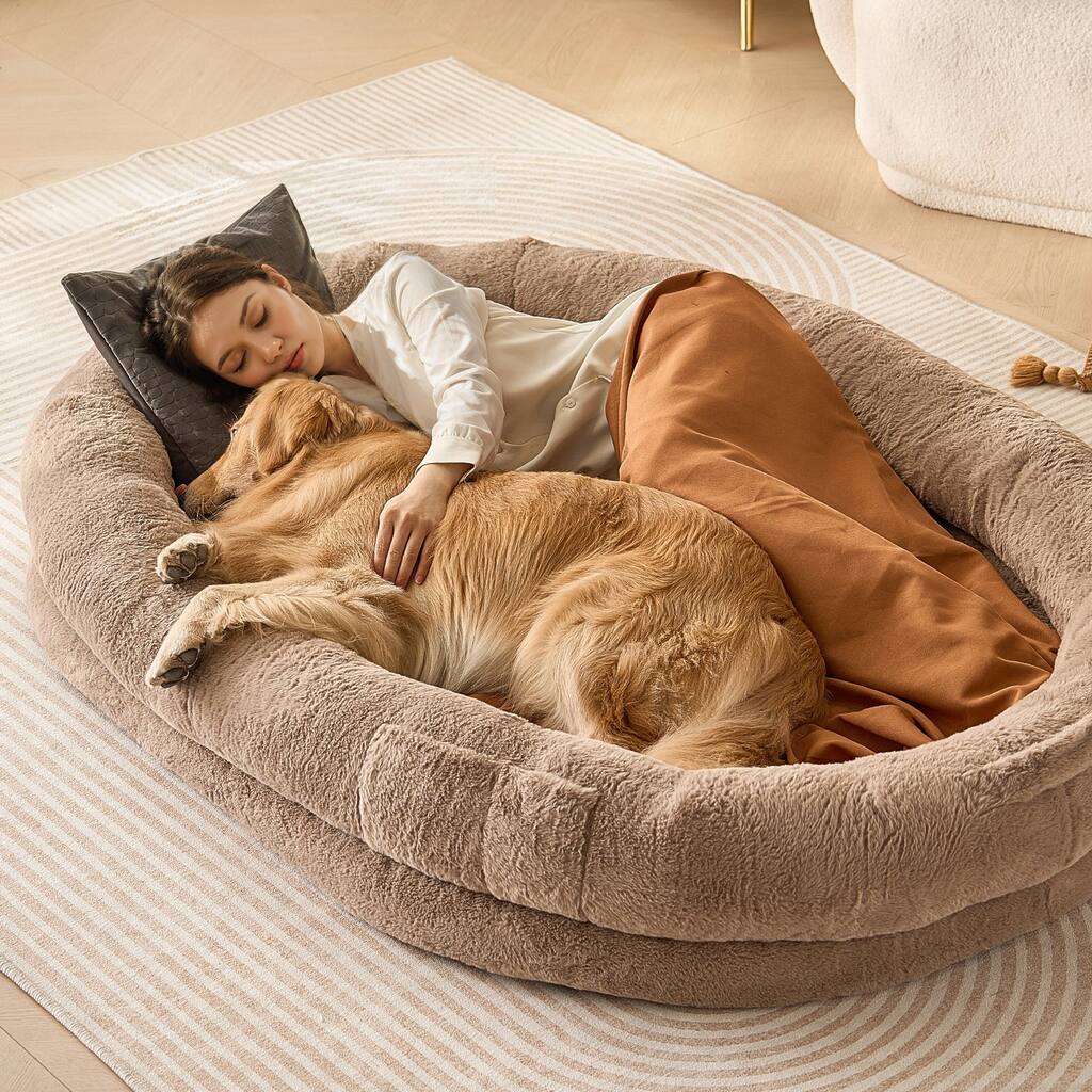 Brown Oval Shape Large Human Size Machine Washable Dog Bed with Zippered Cover Suitable for Any Room - 71.9 x 48 x 10 in