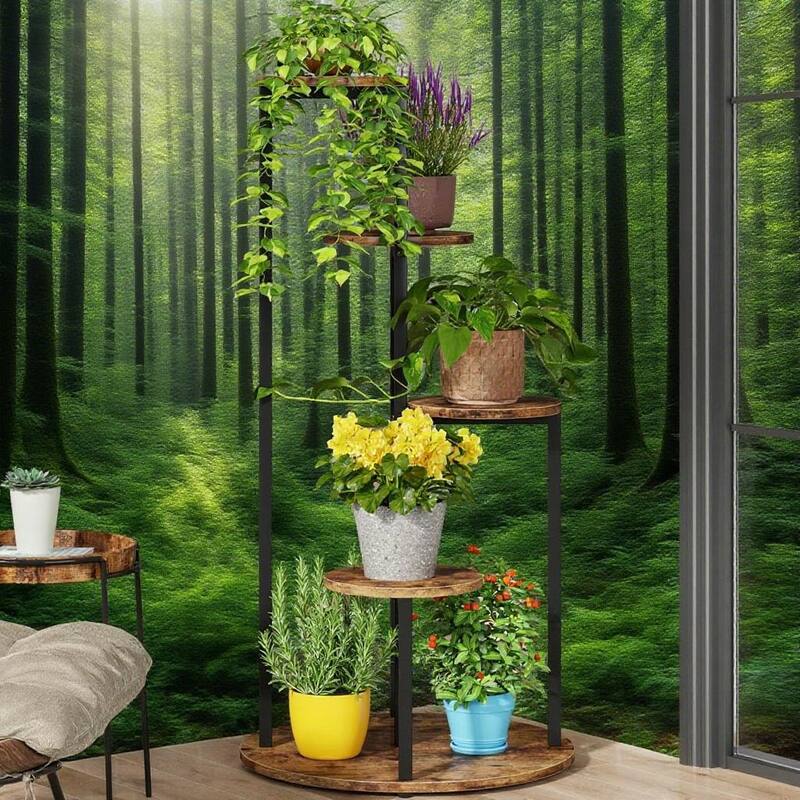 Black-Brown Metal 5-Tier Corner Plant Stand for Indoor and Outdoor - 19.68” x 19.68” x 40.94”