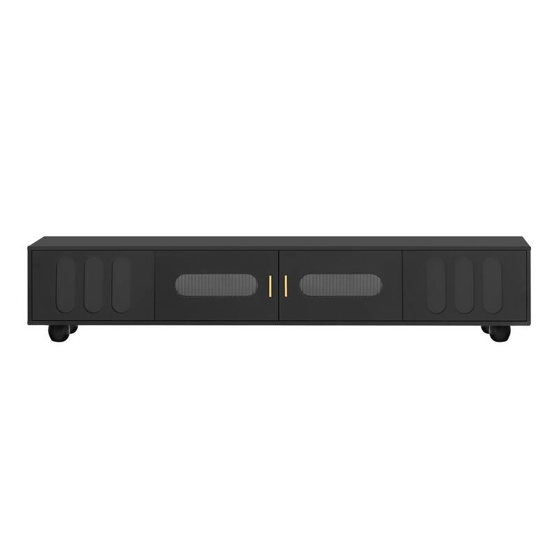Roomfitters Modern TV Stand for up to 80 Inch TV, Storage Cabinet with Glass Door, Wood Legs and Metal Handles, Black