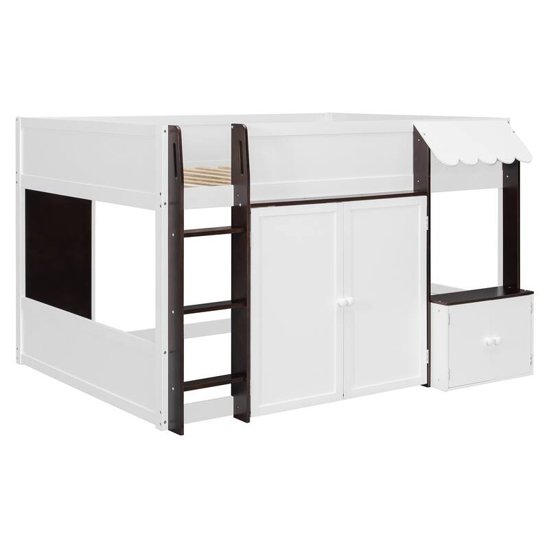 Full Size Loft House Bed with Playhouse Design & Storage, Modern Wooden Cabin Bed with Guardrails and Ladder for Kids, Teens