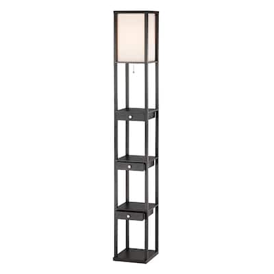 Black Wood Column Floor Lamp with Off White Fabric Rectangular Shade Pull Chain - 11.25” x 10.5” x 72” (D x W x H)