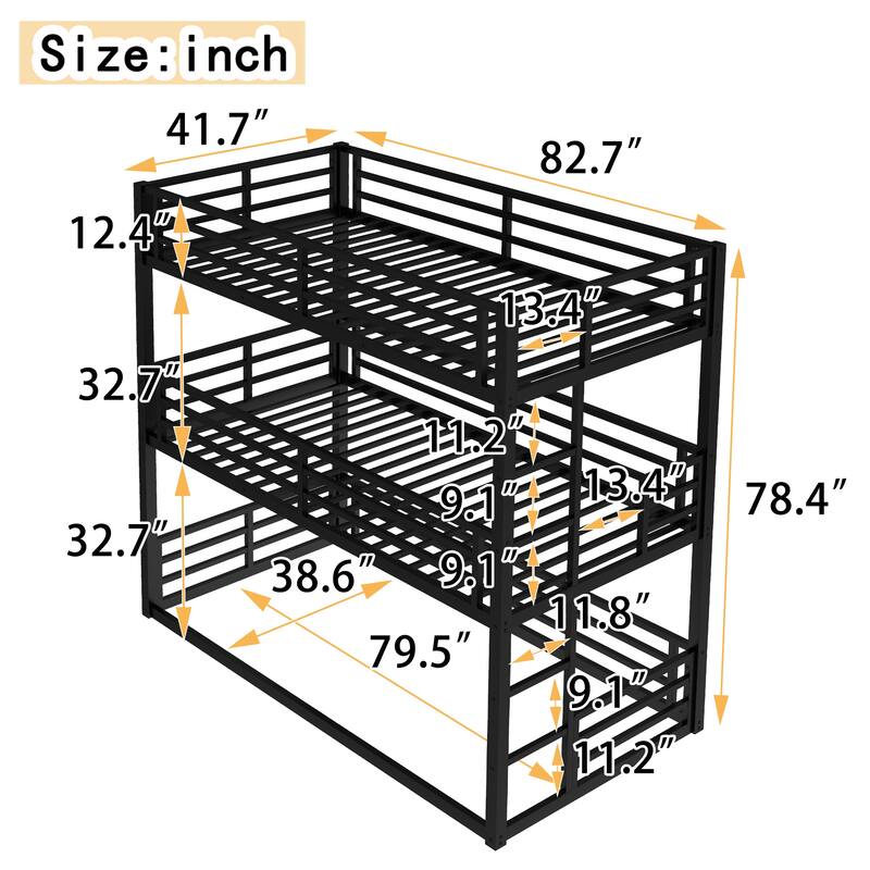 Roomfitters Twin/Full/ Queen Metal Triple Bunk Bed with Safety Guardrails, Heavy-Duty Noise-Reduced Frame, Black