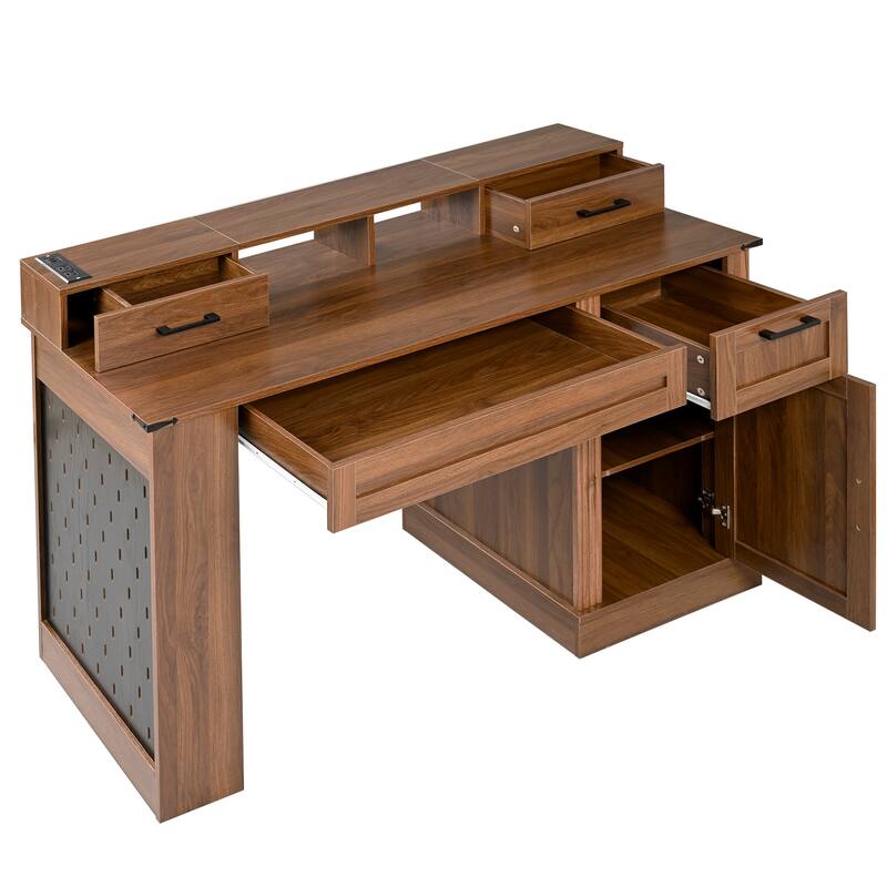 Roomfitters 55" Farmhouse Office Desk with Barn Door Cabinet, Pegboard & Charging Station