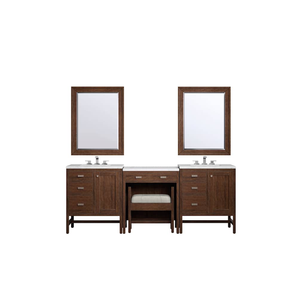 James Martin Addison 90" Double Sink Bathroom Vanity Deluxe Set, Mid-Century Acacia with 3cm Eternal Jasmine Pearl Quartz Top