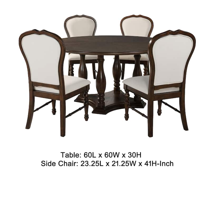 Monta 5pc Round Dining Table Set, Ivory Fabric, Cherry Brown Wood