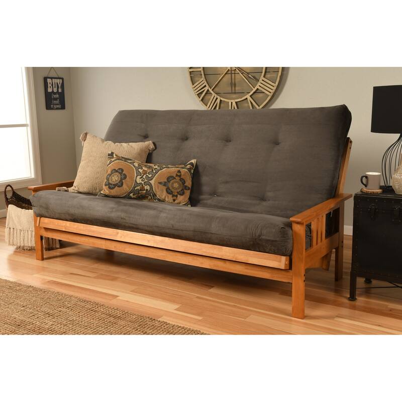 Butternut Finish Hardwood Queen-size Futon Set with Suede Mattress - Gray Suede