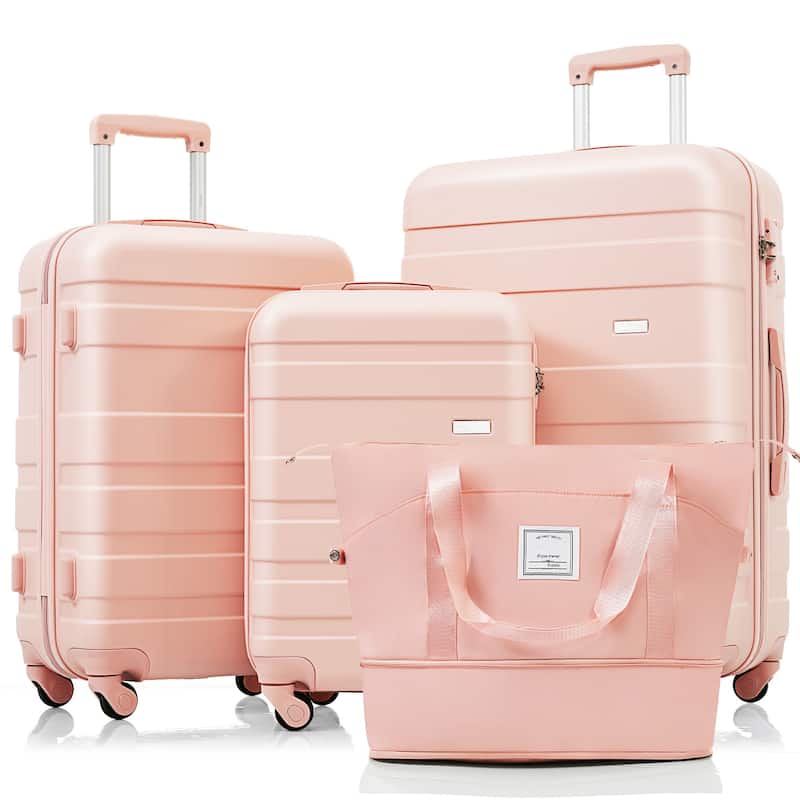 Luggage Sets 4 Piece, ABS Durable Suitcase with Travel Bag, Carry On Luggage Suitcase Set with 360°Spinner Wheels - Pink