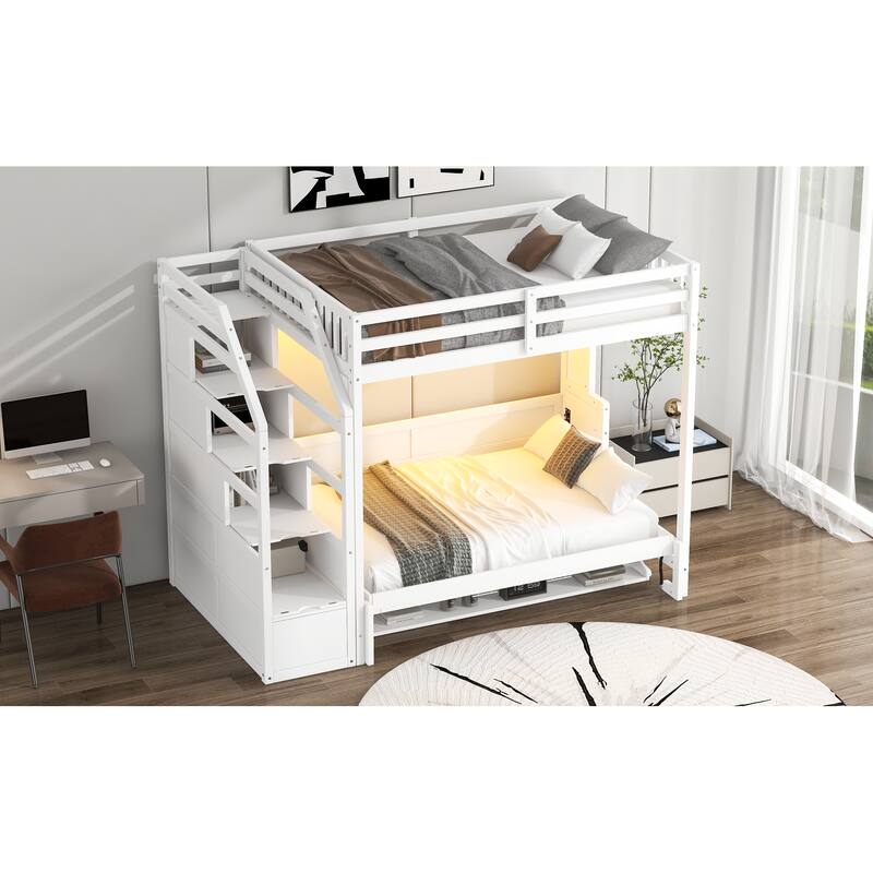 Full XL Loft Bed with Built-In Storage Staircase & Murphy Bed – Space-Saving Design with LED Lighting in White Finish