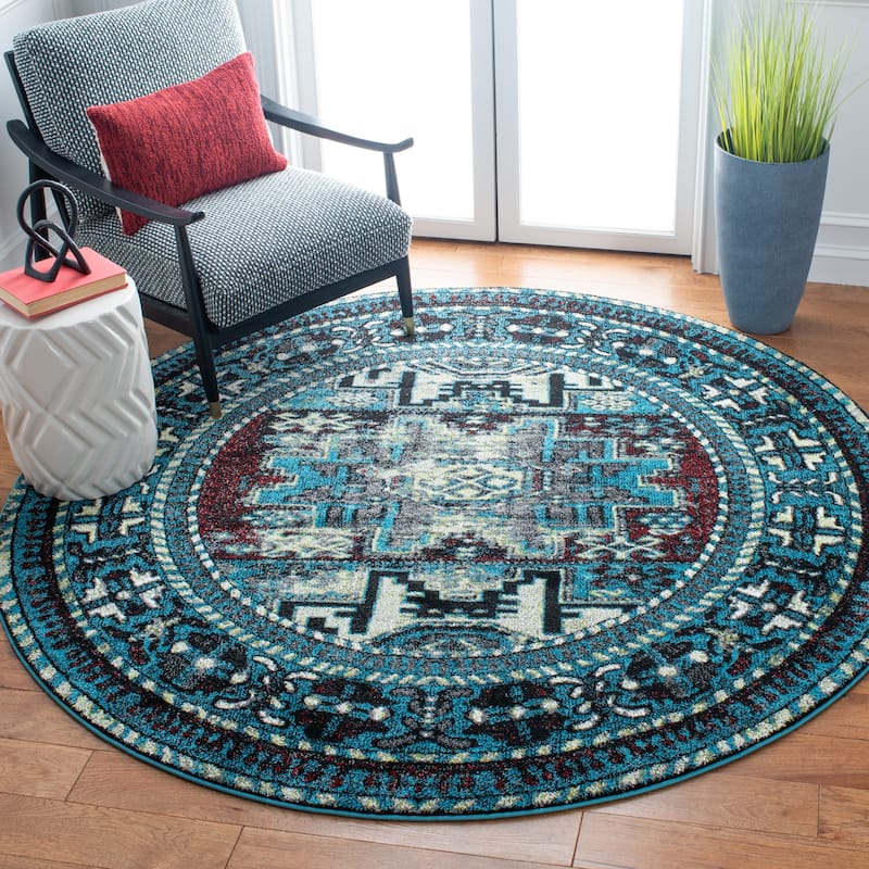 SAFAVIEH, Vintage Hamadan Lilla Oriental Distressed Rug - 3' Round - Light Blue/Black