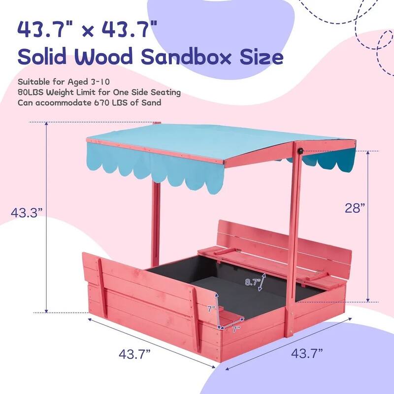 EROMMY Children's Wooden Sandbox with Folding Bench Seats and Adjustable Canopy,Pink