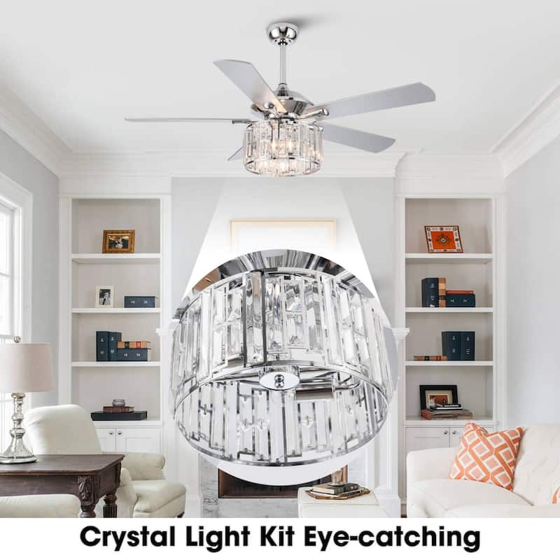 52" Chrome Modern Crystal Ceiling Fan Chandelier with Light Kit and Remote
