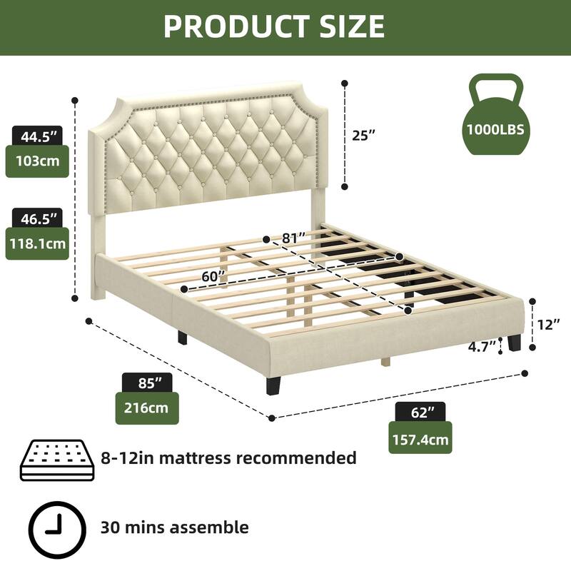 Moasis Upholstered Tufted Bed Frame with Adjustable Height Headboard