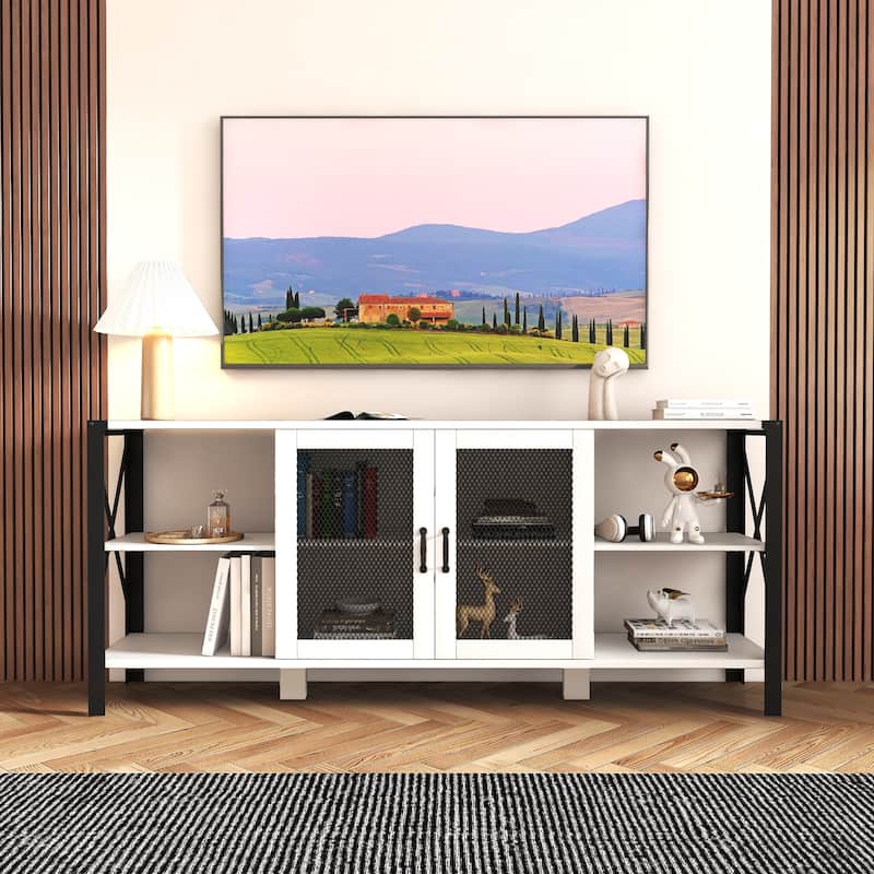 Contemporary Open-Shelf TV Stand – Industrial Style ,80-Inch Wide with Wood and Metal Construction