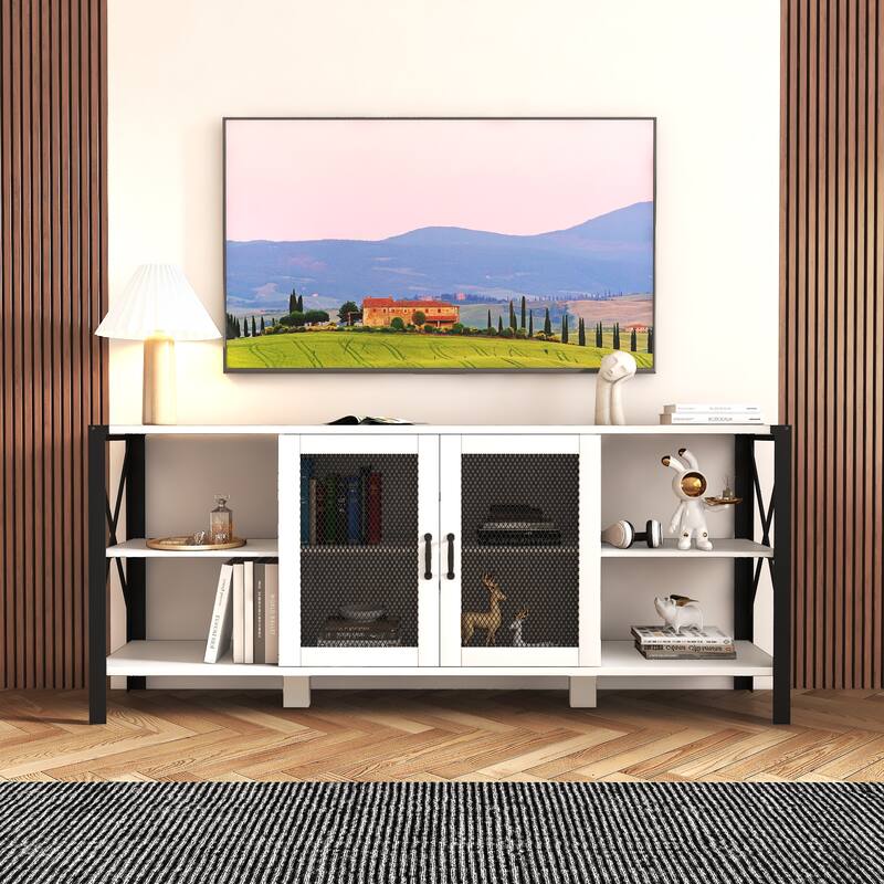 Roomfitters 80" Industrial TV Stand, Farmhouse Wood and Metal Entertainment Center with Open Shelves