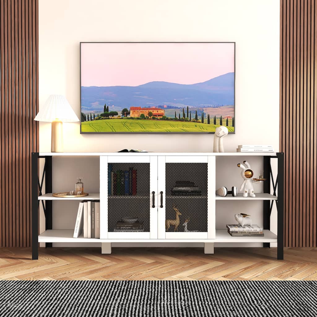 White Farmhouse Style 70.87" TV Stand with Open Storage Design for TVs Up to 70"