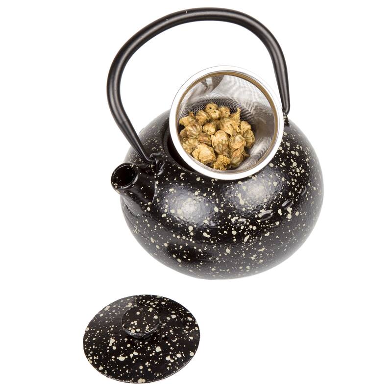 Creative Home Kyusu 12 oz, Cast Iron Tea Pot Tea Kettle with Removable Stainless Steel Infuser Basket, Black and Grey - 12 oz