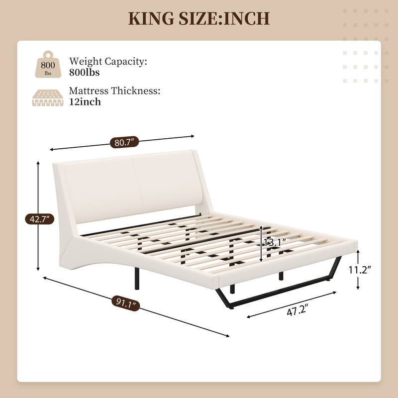 Wave-Like Curve Design Platform Bed Pu Leathe Upholstered Bed Frame Wooden Slat Support
