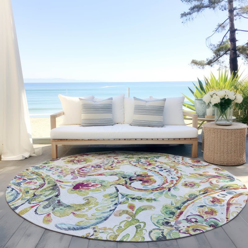 Machine Washable Indoor/ Outdoor Chantille Traditional Scroll Rug - Ivory - 8' x 8'