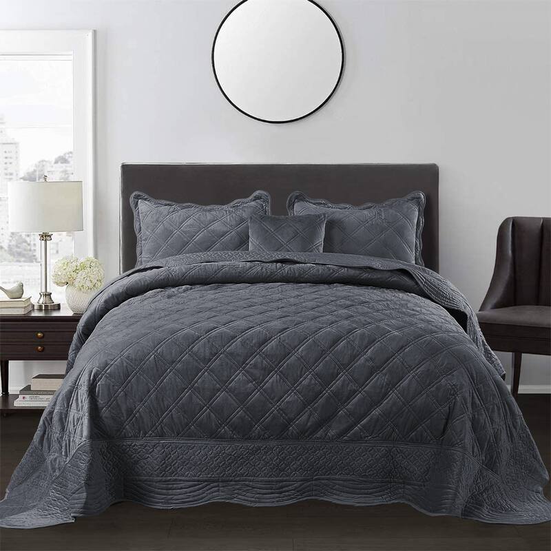 Serenta Supersoft Microplush Quilted 4 Pieces Bedspread Coverlet Set - Steel Grey - Oversized King