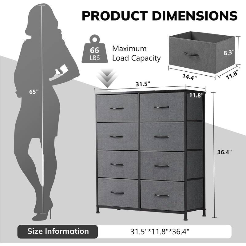 Dresser for Bedroom with 8 Drawers, Anti-Tip Tall Fabric Chests Storage Organizer Tower Furniture with Wooden Top Metal Frame