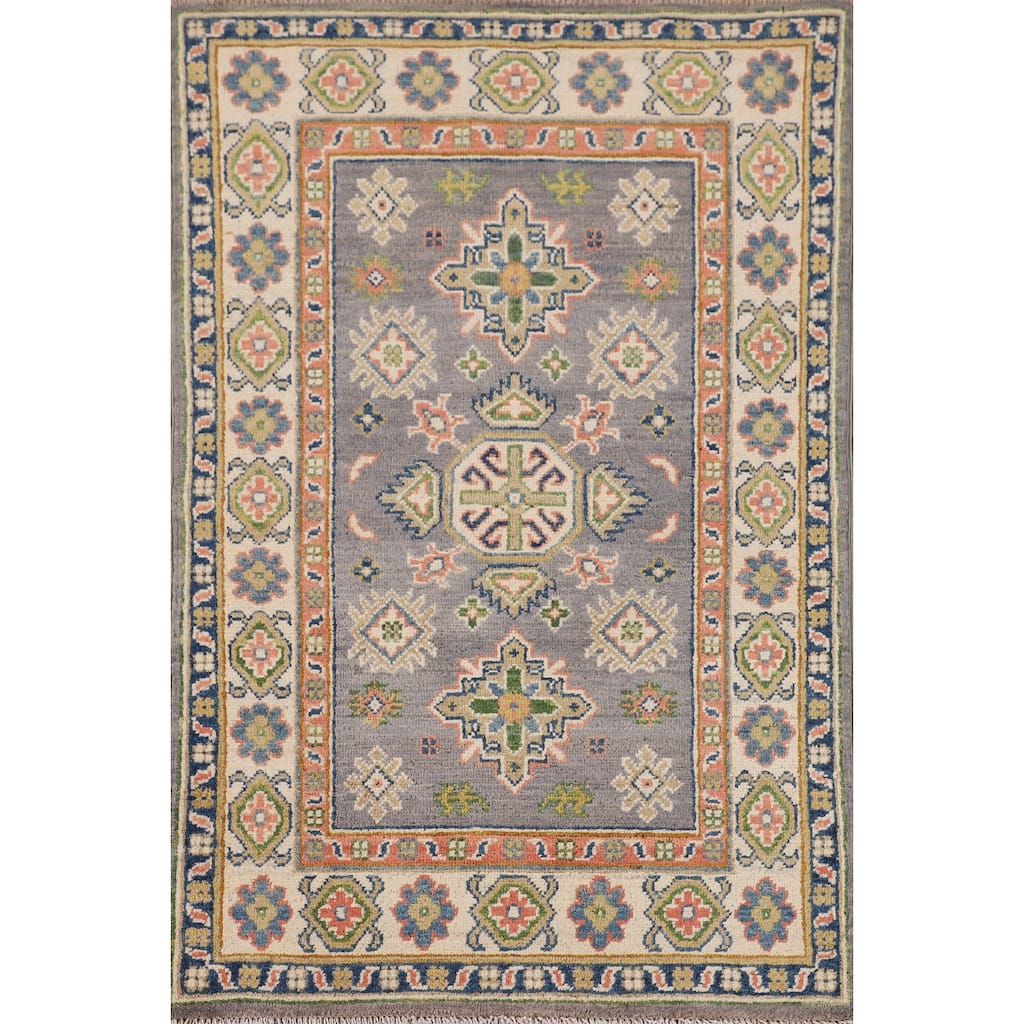 Gray Kazak Foyer Rug Hand-Knotted Geometric Wool Carpet - 2'7" x 4'2"