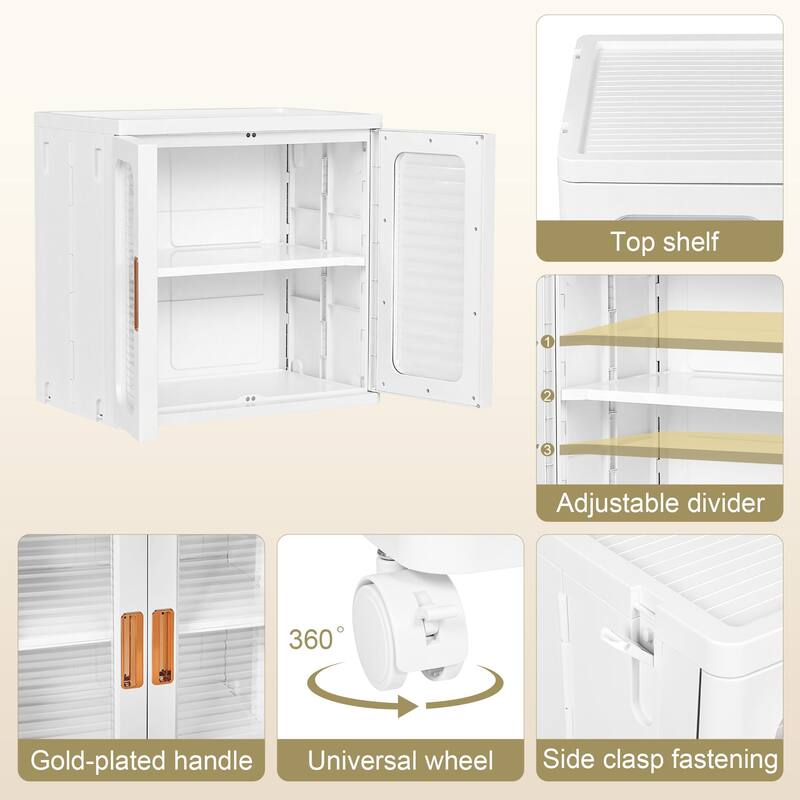 Javlergo 2-Tier White Rolling Storage Cabinet with Adjustable Shelves Locking Wheels & Transparent Doors Freestanding Organizer