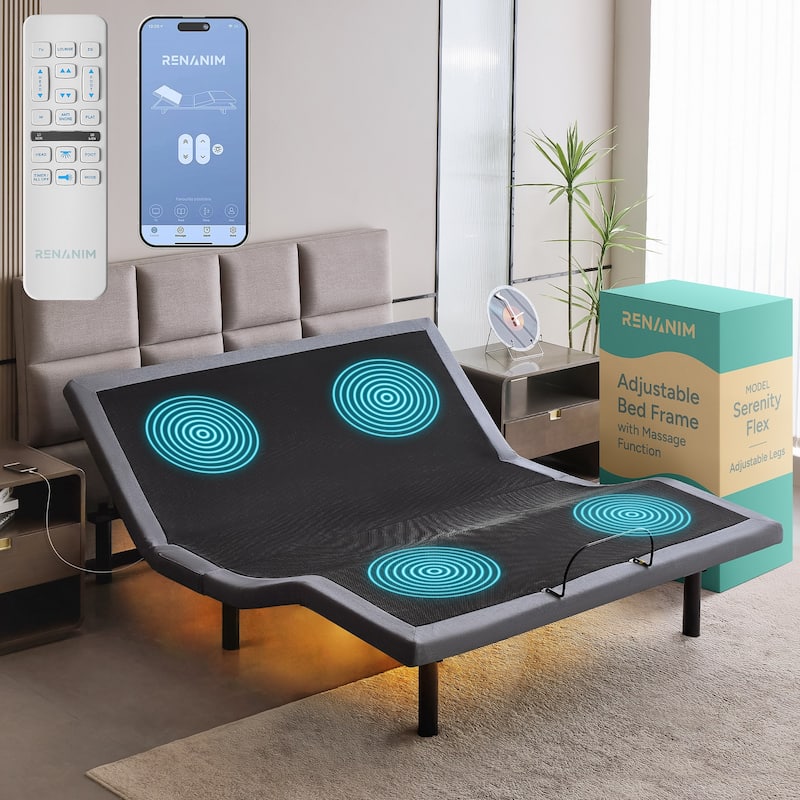 Renanim SF Adjustable Bed Frame, Dual Massage, USB, Underbed Light, App Control, Head and Foot Incline, Reclining Base - King