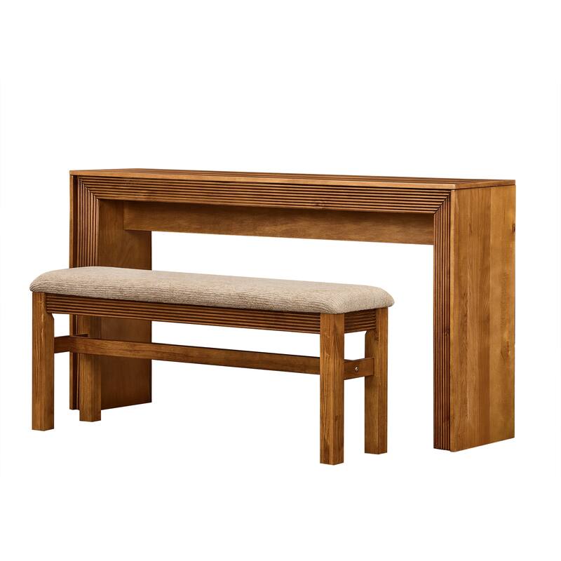 Fluted Counter Height Bar Table Set for 2, Dining Table with Fabric Upholstered Bar Stool with Solid Wood Legs