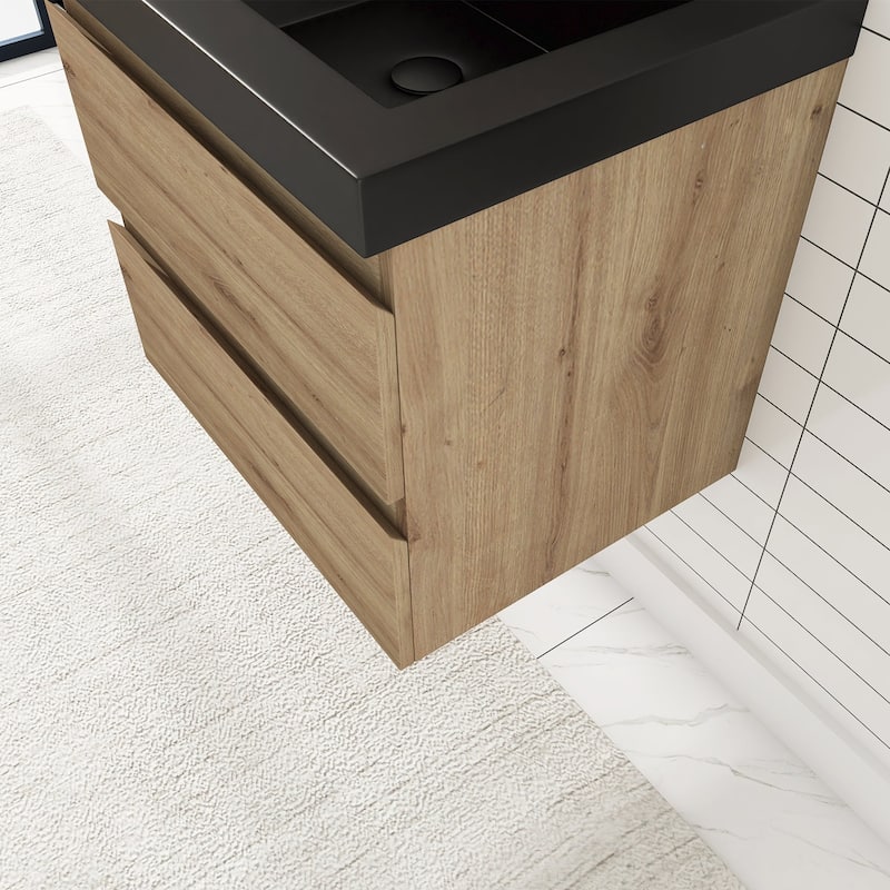 24/30/36 inch Wall-Mounted Bathroom Vanity Set in F. Oak with Integrated Black Resin Sink
