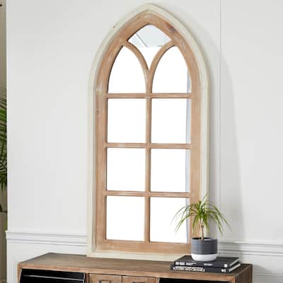 Brown Wood Window Pane Inspired Room Wall Mirror with Arched Top and Distressing