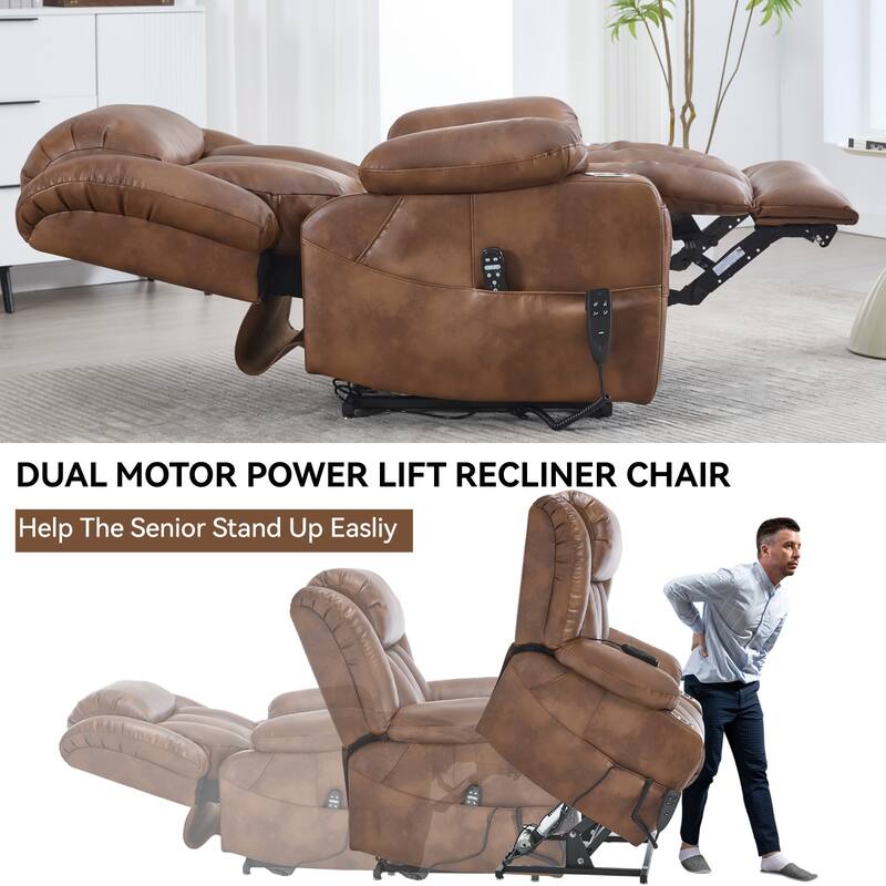 Faux Leather Power Lift Recliner Chair with Massage, Heat, Dual Motors, and Cup Holders