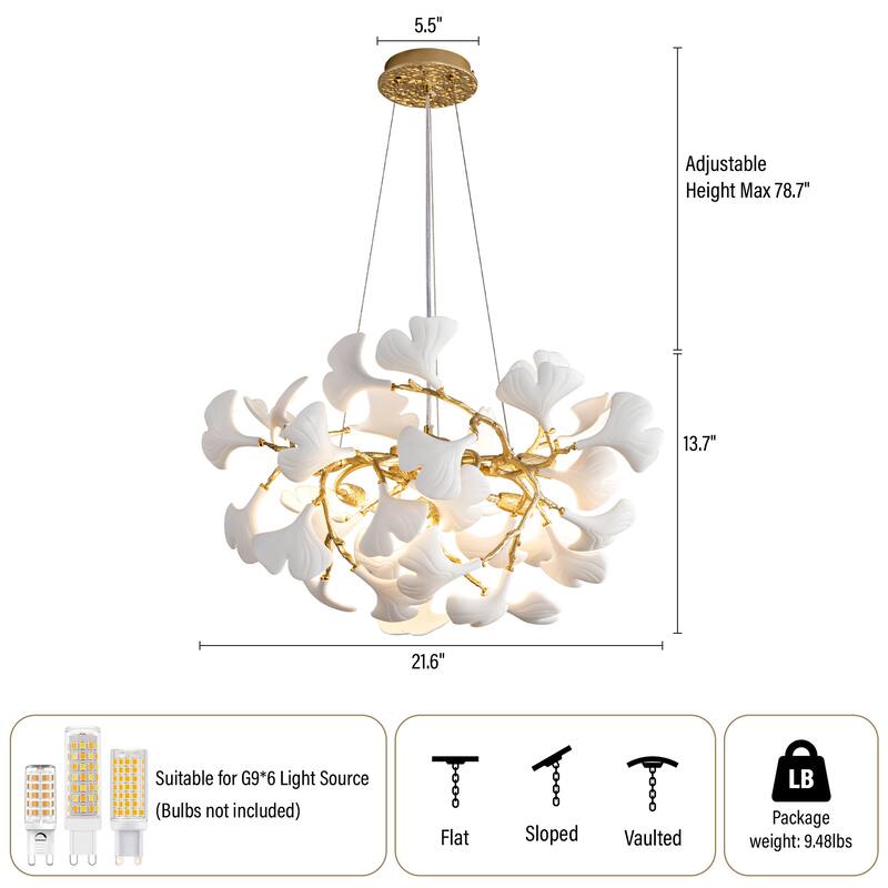 Modern Ginkgo Leaf Ceramic Chandelier, Moon Ring Round Pendant Light, D550-D1200, Gold Finish
