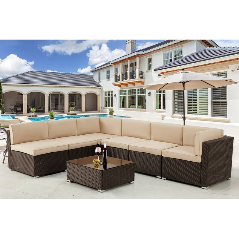 AECOJOY 7 Pieces Outdoor Sectional Sofa Wicker Rattan Conversation Set