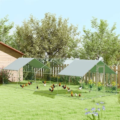 Galvanized Steel Chicken Run with Roof Cover and Secure Lock - 9.8'W x 26.2'D x 6.4'H